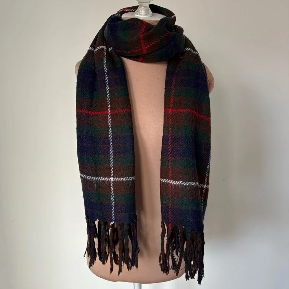 Christian Dior Vintage Acrylic Knit Brown Blue Plaid Fringe Trim Scarf One Size